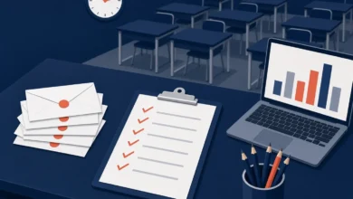 Okul masasında mühürlü sınav zarfları, onay işaretli kontrol listesi ve analiz grafiği açık dizüstü bilgisayar; arka planda boş sınıf